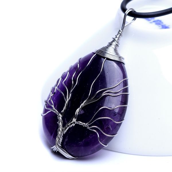 Pendentif en pierre précieuse naturelle améthyste, décor en cristal de guérison Chakra Reiki, collier en perles