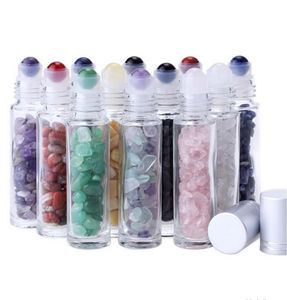 Natuurlijke edelsteen Essentiële Olie Roller Bal Flessen Duidelijke parfums Oliën Vloeistoffen Rollen op fles met Crystal Chips 12 kleuren