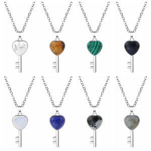 Natuurlijke edelsteen hart Key hanglagige ketting voor vrouwen mannen geboortesteen genezing chakra kristal kwarts sieraden 45 cm zilveren ketting