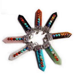 Collier pendentif créatif en forme d'épée de pierres précieuses naturelles, 7 couleurs, Chakras en cristal, bijoux de guérison Reiki, améthyste, Quartz Rose, mode 297G