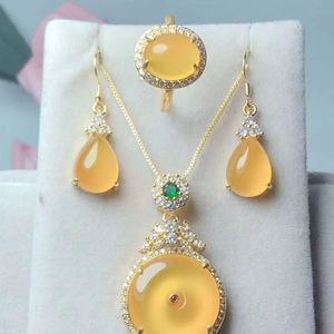 Naturel véritable calcédoine incrusté 925 argent jaune boucle de sécurité pendentif boucles d'oreilles anneau trois pièces ensemble