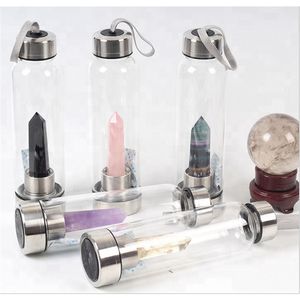 Natuurlijke Glazen Waterfles Quartz Gemstone Directe Drinkbeker Glas Crystal Obelisk Wand Healing Wand Thee Fles met Touw 210914