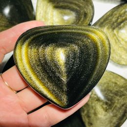 Natural Gold Obsidian Cat Eyes Quartz Crystal Heart Healing Decor Gift