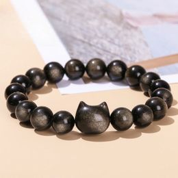 Couleur or argent naturel brillant noir obsidienne perle tête de chat brin Bracelets charme perle ronde Bracelet énergétique