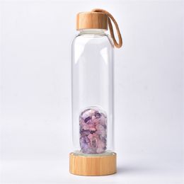 Gravier Naturel Reiki Pierre Précieuse Rose Quartz et Améthyste Énergie Faite À La Main En Bois Cristal Bouteille D'eau De Guérison Avec Étui De Protection