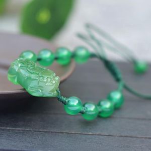 Pulsera de Calcedonia verde Natural tallada Pixiu, brazaletes de cuentas redondas, regalo para mujer, joyería de piedra de Jades con cuentas, hebras