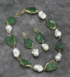 Collier et boucles d'oreilles en Fluorite verte naturelle brute, ensemble de boucles d'oreilles en perles Keshi blanches, faites à la main pour dames, cadeaux 3510114