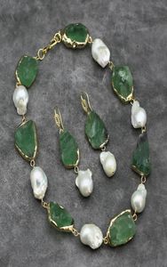 Collier et boucles d'oreilles en Fluorite verte naturelle brute, ensemble de boucles d'oreilles en perles Keshi blanches, faites à la main pour dames, cadeaux 1120405