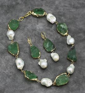 Collier et boucles d'oreilles en Fluorite verte naturelle brute, ensemble de boucles d'oreilles en perles Keshi blanches, faites à la main pour dames, cadeaux 3510114