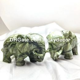 Escultura de elefante de jade verde natural Feng Shui chino Figura de animal de la suerte para la suerte Éxito Riqueza Cristal serpentino Cuarzo Curación Estatua grande de artes de elefante