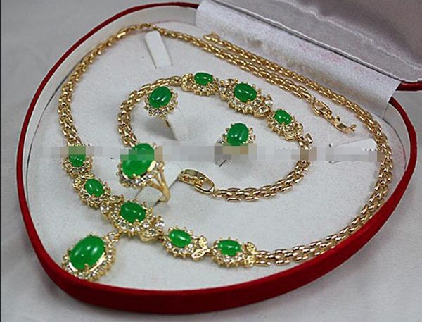 Ensemble de collier et boucles d'oreilles avec incrustation de Jade vert naturel, Bracelet, boucles d'oreilles, bague