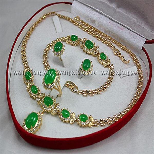 Incrustation de Jade vert naturel, Bracelet, boucles d'oreilles, bague, collier, ensemble cadeau Box217O