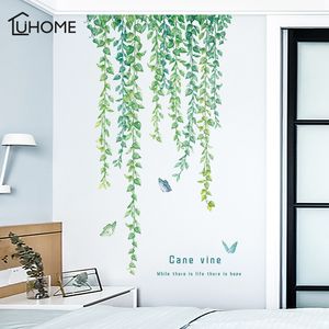 Autocollant mural de vigne de feuilles vertes naturelles, autocollant d'art mural en vinyle pour salon, chambre à coucher, 210308