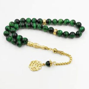 Tasbih – pierre d'oeil de tigre vert naturel, glands en métal doré, accessoires de mode musulmane, bracelet saoudien, bijoux turcs, 2020