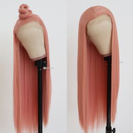 Perruque Lace Front Wig synthétique rose longue et lisse, sans colle, avec cheveux de bébé, densité 150%, perruques souples pour femmes, naissance des cheveux naturelle