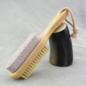 Natural Handle Bristle Pumice Stone Rub Feet Foot Exfoliating Dead Skin Remover Spa Massager Wooden Brush F1788