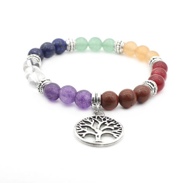 Bracelet arbre de vie en perles de guérison naturelle, perles d'énergie de Yoga porte-bonheur, 7 chakras, Reiki, méditation, pierre de cristal, extensible