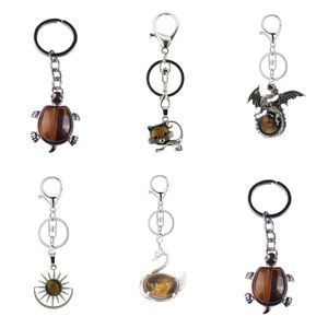 Porte-clés de pierres précieuses en cristal de guérison naturelle pour femmes mignon alliage chat cygne Dragon pendentif porte-clés accessoires