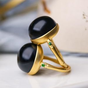 Naturel Hetian noir jade perle ronde ouverture réglable anneau chinois rétro élégant bambou charme femmes bijoux en argent