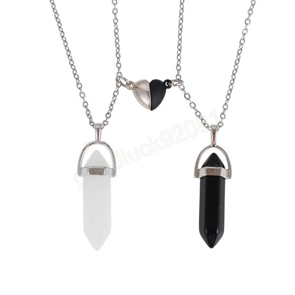 Pendentif en pierre hexagonale naturelle, en forme de cœur, boucle magnétique, collier de Couple pour femmes, cadeau de saint valentin, bijoux 2 pièces/ensemble