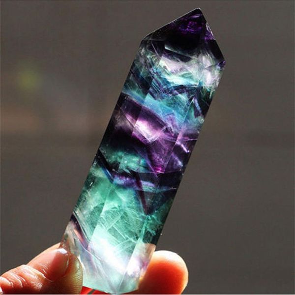 Cristal Hexagonal naturel Quartz guérison fluorite baguette pierre violet vert Gem2898