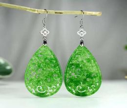 Boucles d'oreilles en Jade vert naturel creux sculpté à la main, en argent Sterling 925, pour femmes, 6539011