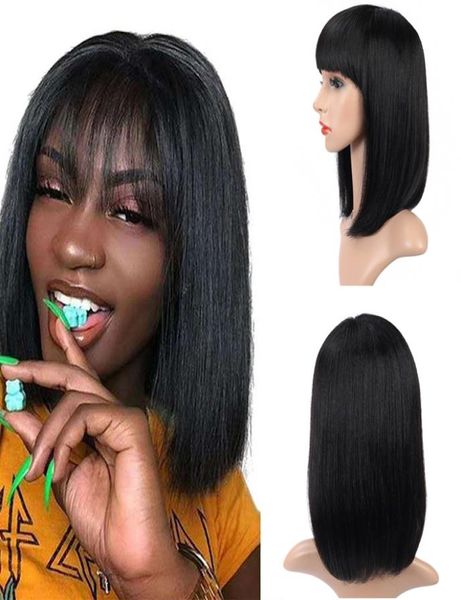 Perruque courte de cheveux humains naturels avec frange coupe lutin droite Bob perruque cru indien Remy fait à la Machine perruques sans colle pour les femmes noires Fast9706420