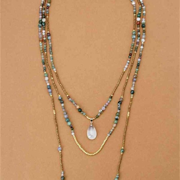 Onyx d'Inde naturel avec perles de rocaille pendentif en forme de larme collier à 3 couches bohême colliers de déclaration de perles goutte