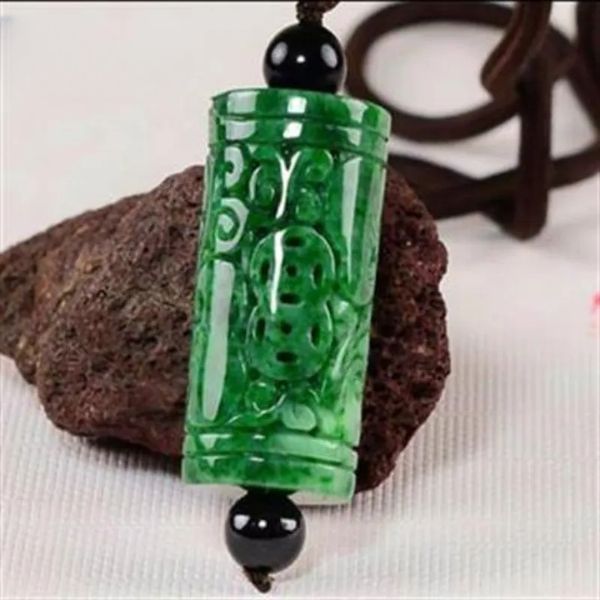 Pendentif colonne de Dragon vert en Jade naturel, chaîne Ruyi creuse sculptée, émeraude, bijoux à la mode pour hommes et femmes