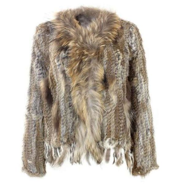 Chaleco de piel de conejo de punto natural con cuello de mapache abrigo de piel de manga larga con borla abrigo personalizado de gran tamaño 210925