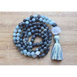 Labradorite naturelle 108 Colliers de perles Mala Méditation Mala Collier Yoga Bijoux Collier de pompon Collier de prière noué à la main 210331