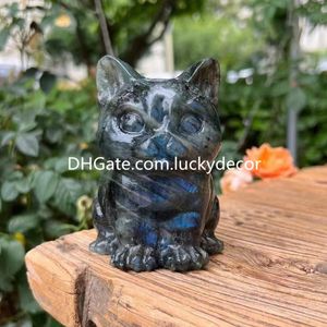 Natuurlijke labradoriet kwartskristal kat sculptuur flitsende veldspaat edelsteen geest dier beeldje hand gesneden genezing Wicca Reiki spectroliet steen huisdier totem cadeau