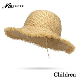 Chapeaux en paille de raphia naturel à Large bord pour enfants, casquette de plage tissée en cercle pour filles, chapeau d'été ajouré pour grands enfants, 240318