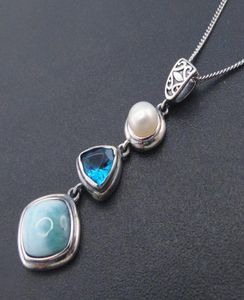 Larimar naturel 925 argent Sterling Design Antique topaze bleue véritable pierre perle pendentif à breloque pour les femmes cadeau sans chaîne5830445