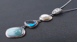 Ciondolo con ciondolo con perla in pietra genuina con topazio blu dal design antico in argento sterling 925 con larimar naturale per regalo da donna senza catena1205926