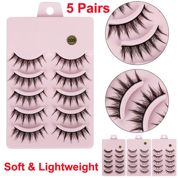 Pestañas naturales Manga Pestañas postizas 3D 5 pares Wispy Grueso Ligero Pestañas cómodas Pequeño diablo Ojos grandes Extremo cónico Reutilizable NUEVO