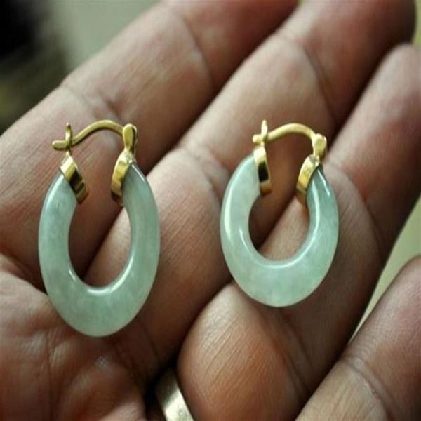 Boucles d'oreilles créoles en or jaune 18K GP, Jade vert clair naturel, 253O