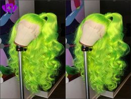 Natural Long Body Wave Part Apple Green Wig High Density Glueless Synthetische kant Front pruiken voor vrouwen feest make -up cosplay7877404