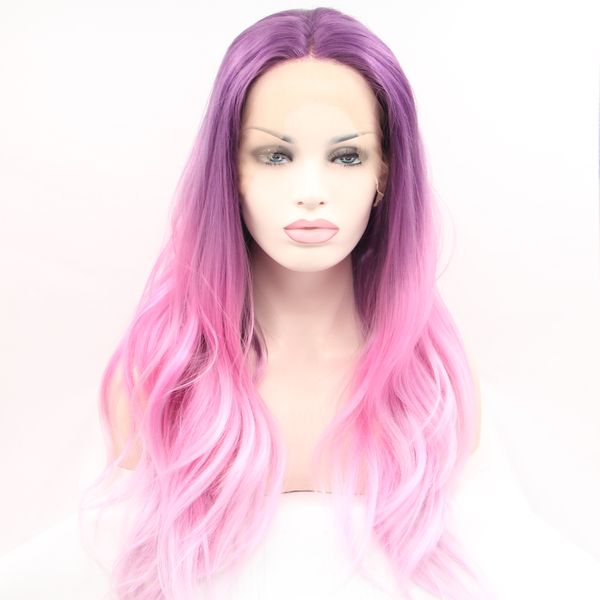 Longue vague naturelle violet Ombre rose synthétique avant de lacet perruque pour les femmes Gueless résistant à la chaleur perruques de cheveux synthétiques