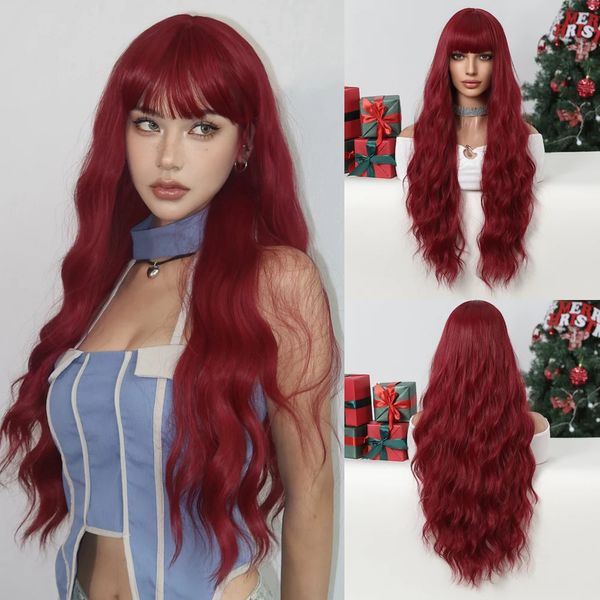 Perruque naturelle longue vague avec frange perruque de jeu de rôle rouge perruque de cheveux synthétiques bouclés colorés fête Lolita utilise la perruque les femmes sont résistantes à la chaleur 230125