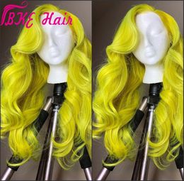 Pelucas delanteras de encaje sintético resistente al calor de Color amarillo neón ondulado largo Natural pelucas de maquillaje de fiesta de Cosplay