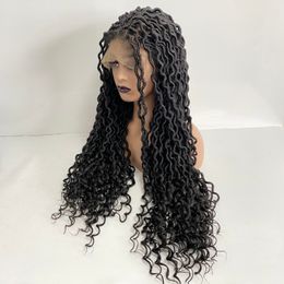 Aspect naturel 30 pouces de long cheveux synthétiques couleur noire ondulé doux dreadlocks perruque 9 * 6 dentelle frontale perruques pour femme noire
