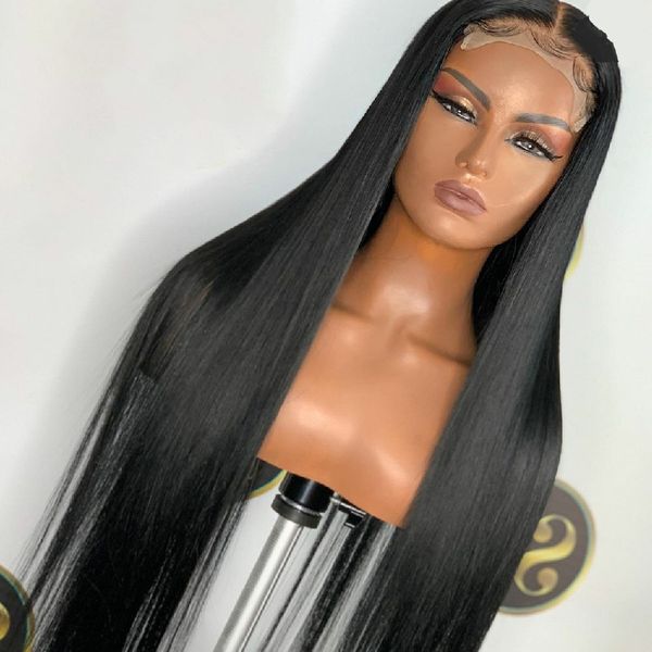 Peluca con malla frontal recta Remy de densidad 180 larga de aspecto Natural para mujeres de moda Color negro con pelo de bebé prearrancado sin pegamento