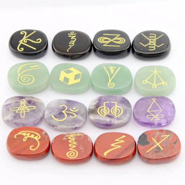 Pierres précieuses naturelles en vrac gravées Karuna Magic Rune Reiki Symbole Pierre Ornement Guérison Cristal Méditation Prop Home Study Décorer Cadeau Bijoux 16pcs / set