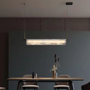 Natuurlijke marmeren lange striplamp Moderne minimalistische balktafel LED Kroonluchter luxe H65 koper hotel restaurant Decoratielampen