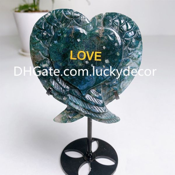 Figura de corazón de alas de ángel de ágata de musgo natural, decoración de gran crecimiento espiritual, piedra preciosa tallada, planta acuática, espécimen de cristal de cuarzo con letras de amor, regalo romántico