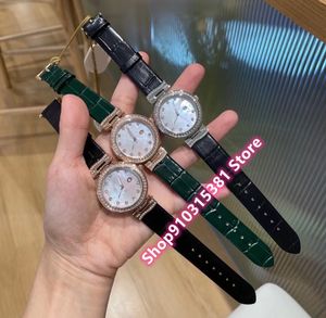 Naturel Mère de Perle Shell Diamants Montres Pour Femmes Or Rose En Acier Inoxydable Géométrique Quartz Montre-Bracelet Femme En Cuir Vert Horloge