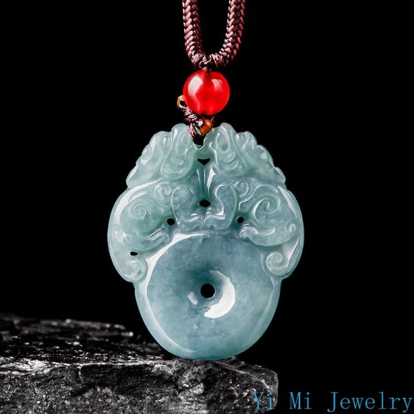 Natural Myanmar A-Grade Jade Pendant Blue Water Zhaocai Double pixiu Ping un pendentif de boucle Jade Pendant Jade Jade en gros