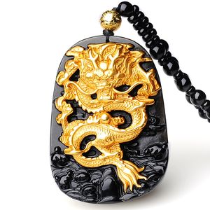 Pendentif zodiaque Dragon en obsidienne naturelle, collier universel en or 18 carats Longteng