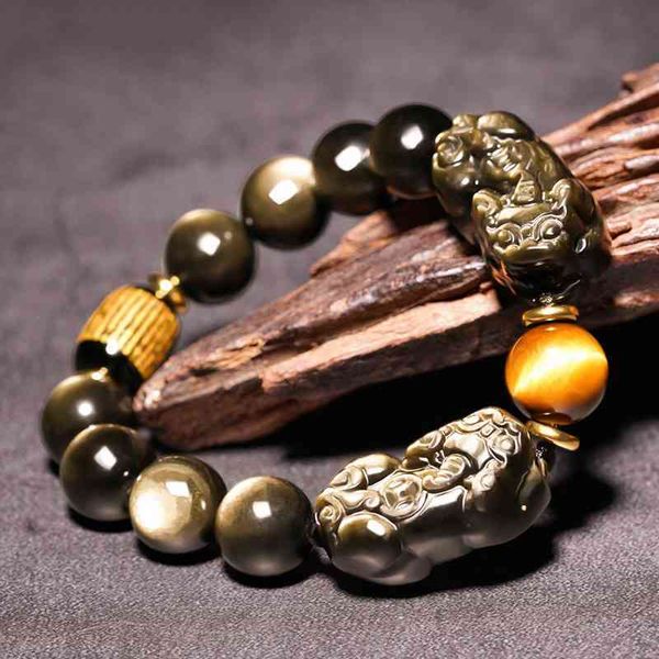 Obsidienne naturelle, Bracelet homme doré, Fortune Calling Jade, Leather Hill, Buddha Beads, Bijoux à la main, Femme